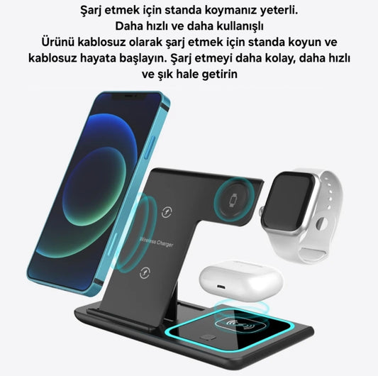 Katlanabilir 3’ü 1 Arada Kablosuz Şarj Standı