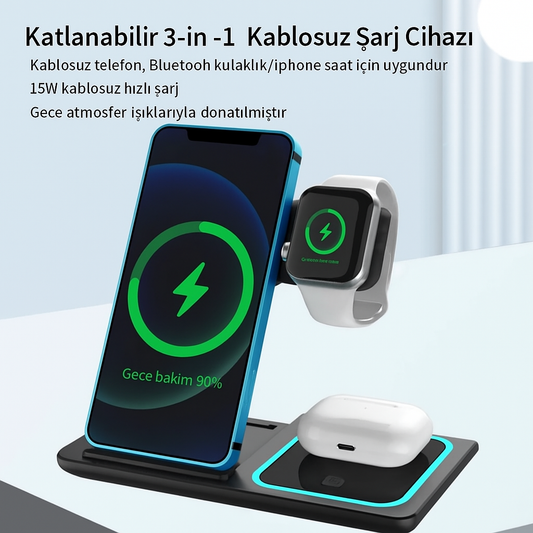 Katlanabilir 3’ü 1 Arada Kablosuz Şarj Standı